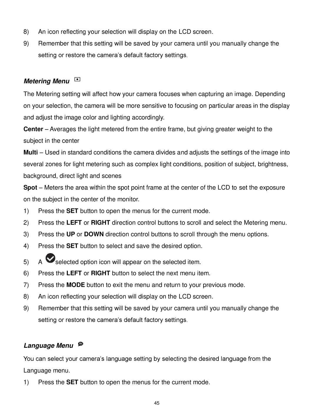 Vivitar F536 user manual Metering Menu 