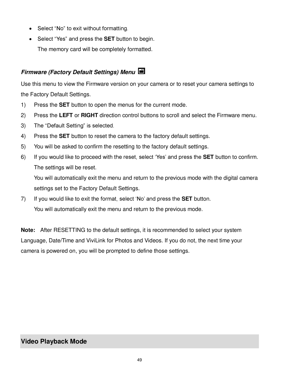 Vivitar F536 user manual Video Playback Mode, Firmware Factory Default Settings Menu 