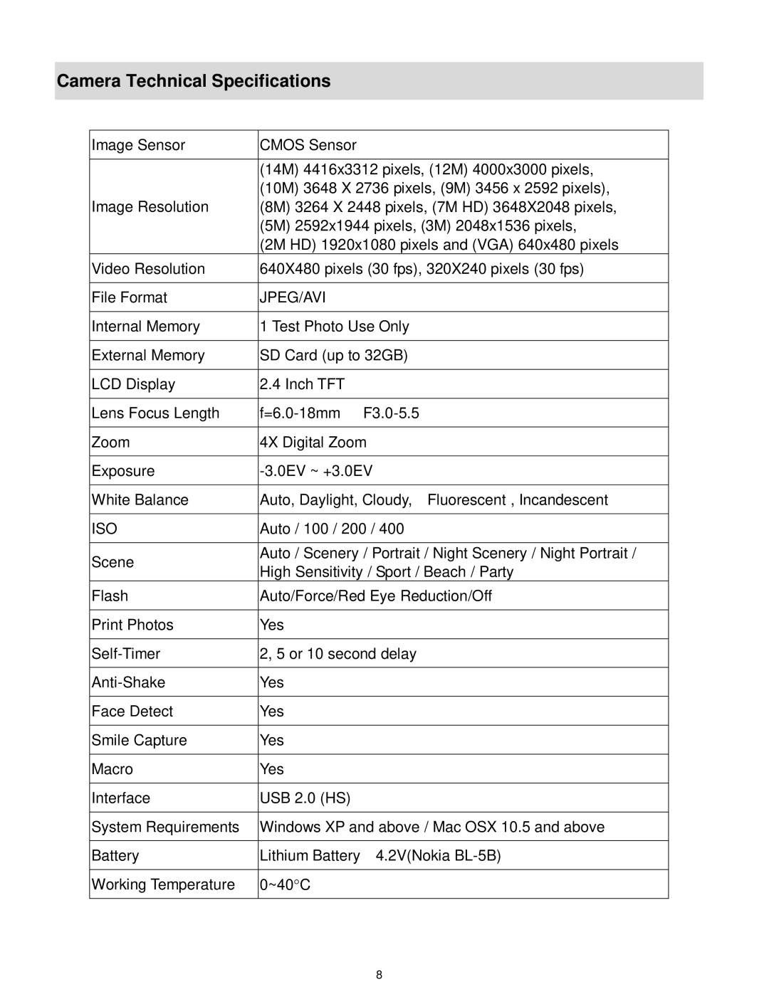 Vivitar F536 user manual Camera Technical Specifications, Jpeg/Avi 