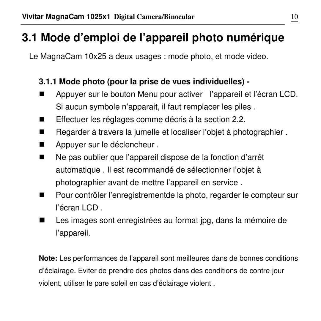 Vivitar MagnaCam 1025x1 Digital Camera/Binocular manual Mode d’emploi de l’appareil photo numérique 