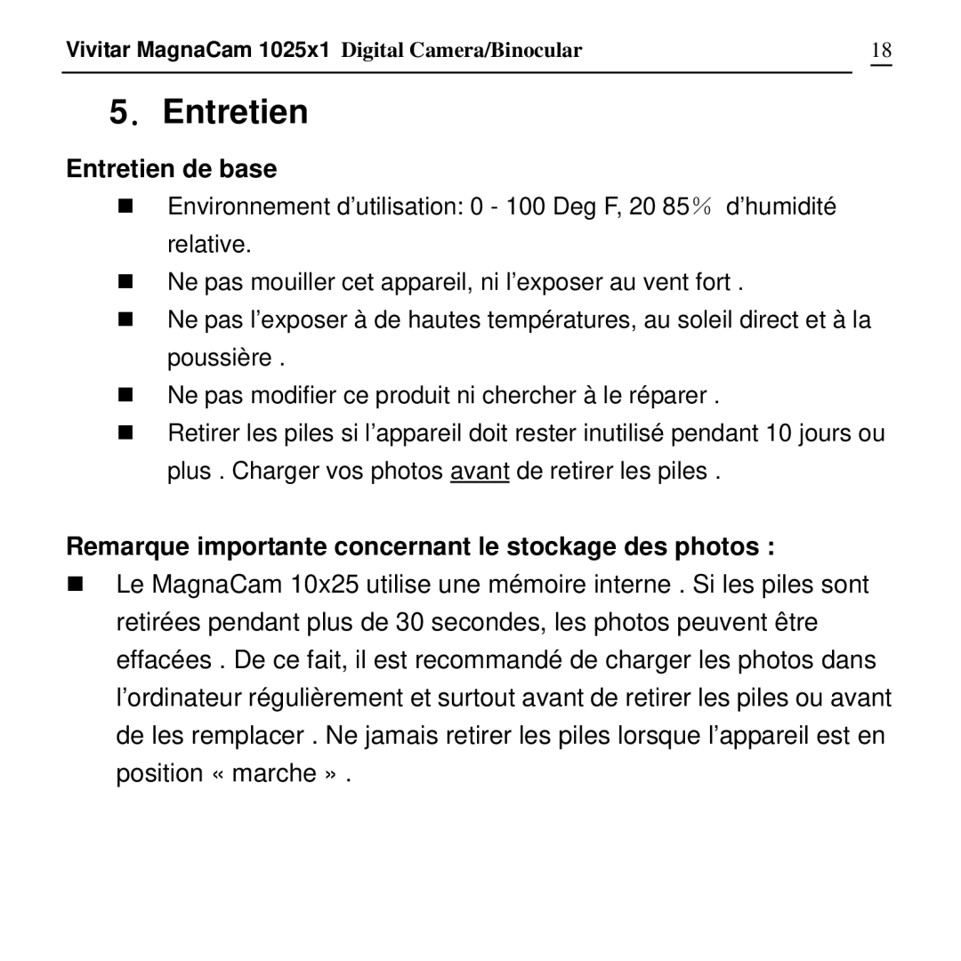 Vivitar MagnaCam 1025x1 Digital Camera/Binocular manual ．Entretien, Entretien de base 