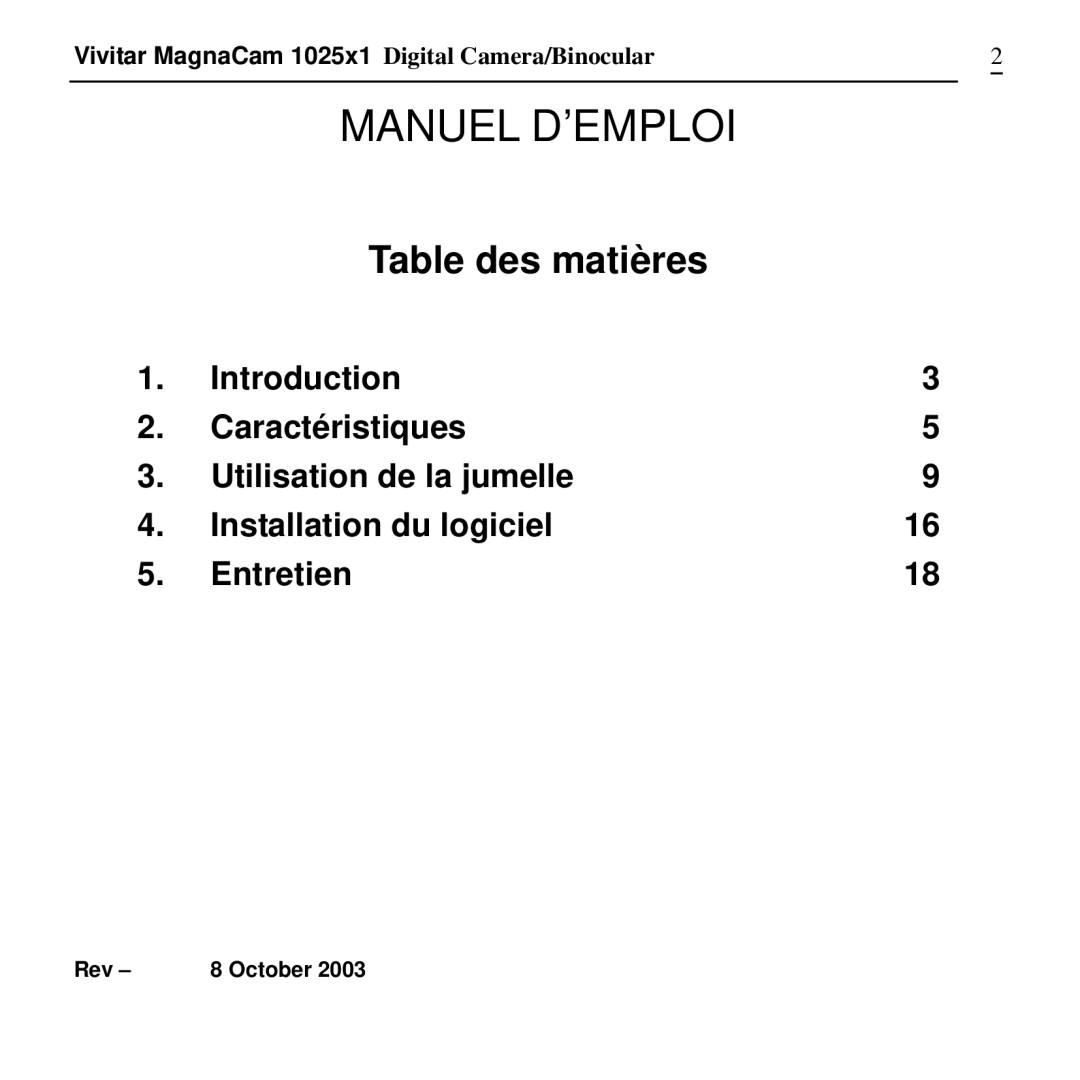 Vivitar MagnaCam 1025x1 Digital Camera/Binocular manual Manuel D’EMPLOI, Table des matières 