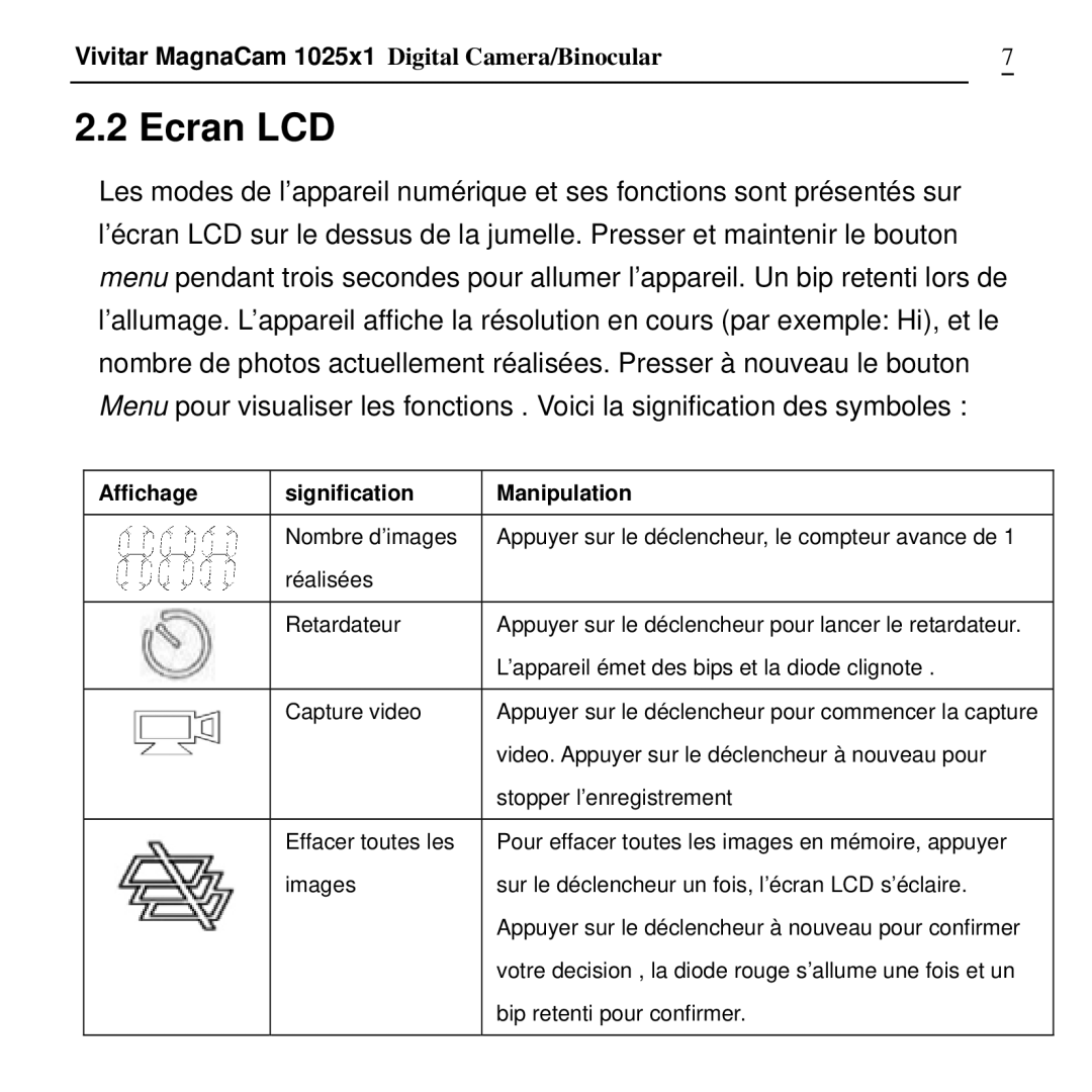 Vivitar MagnaCam 1025x1 Digital Camera/Binocular manual Ecran LCD, Affichage Signification Manipulation 