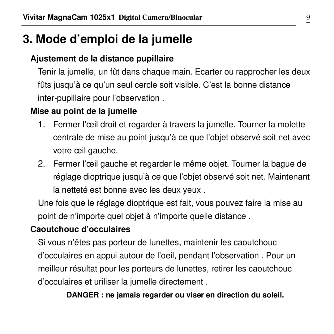 Vivitar MagnaCam 1025x1 Digital Camera/Binocular manual Mode d’emploi de la jumelle, Ajustement de la distance pupillaire 