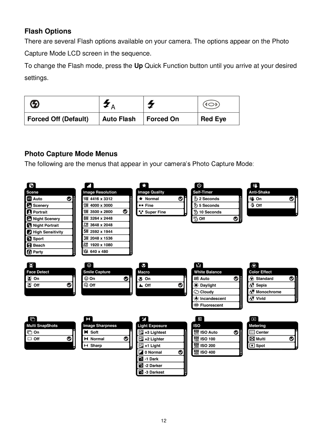 Vivitar S529 user manual Flash Options, Photo Capture Mode Menus 