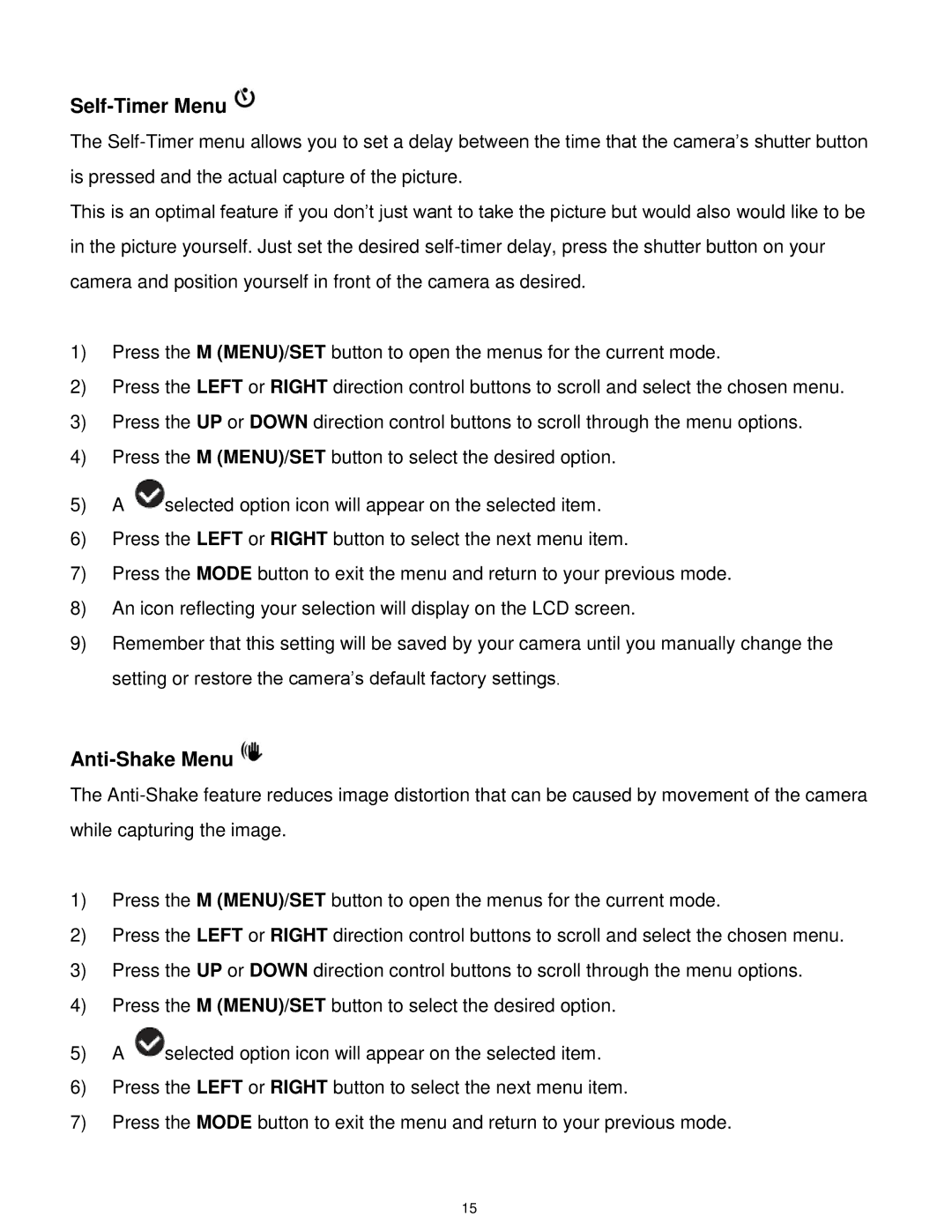 Vivitar S529 user manual Self-Timer Menu, Anti-Shake Menu 