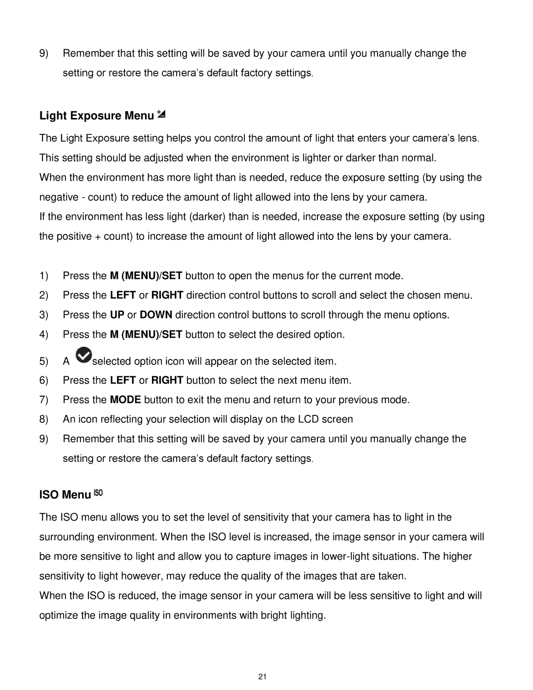 Vivitar S529 user manual Light Exposure Menu, ISO Menu 