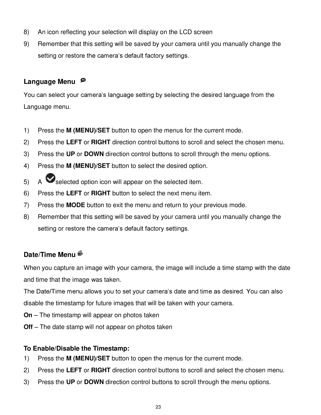 Vivitar S529 user manual Language Menu, Date/Time Menu, To Enable/Disable the Timestamp 