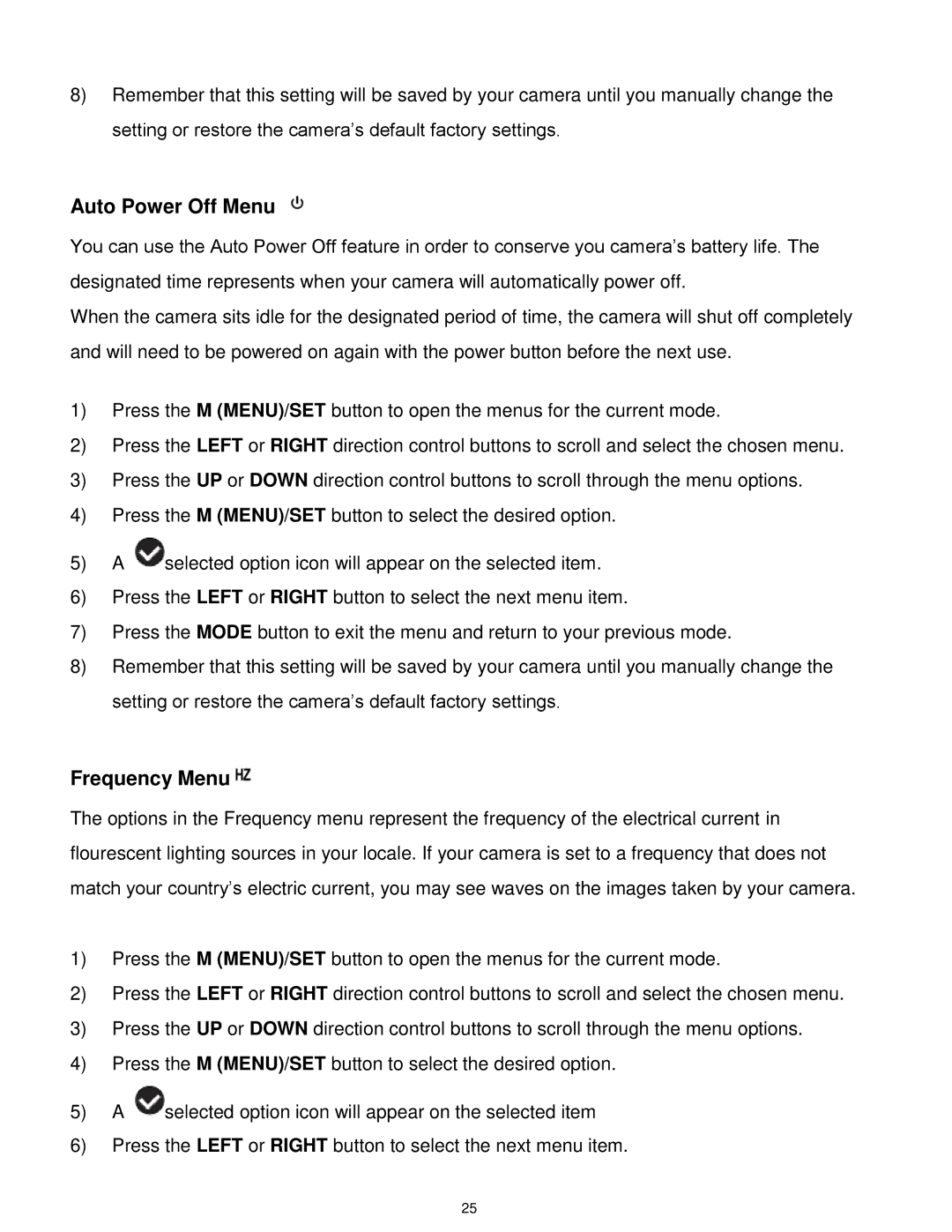 Vivitar S529 user manual Auto Power Off Menu, Frequency Menu 