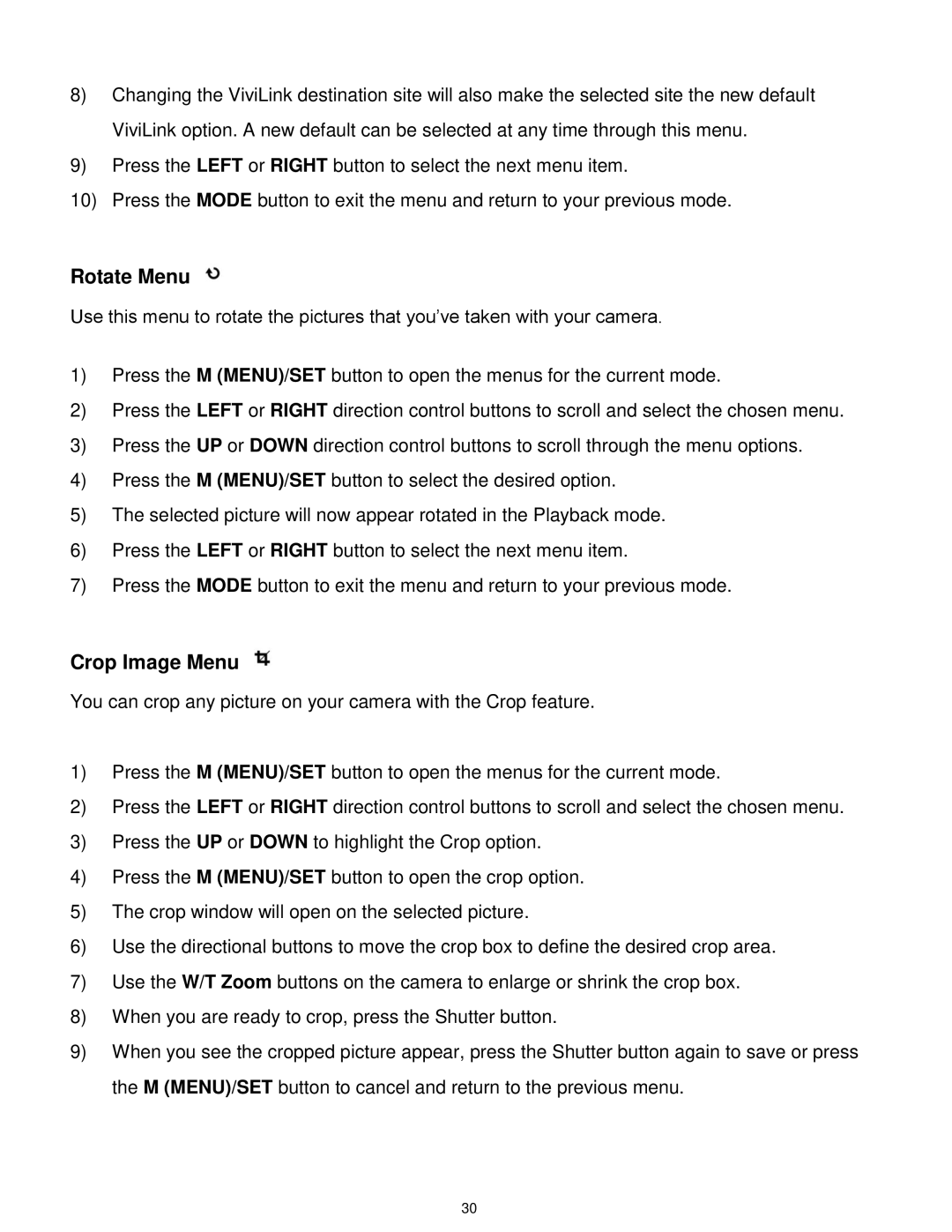 Vivitar S529 user manual Rotate Menu, Crop Image Menu 