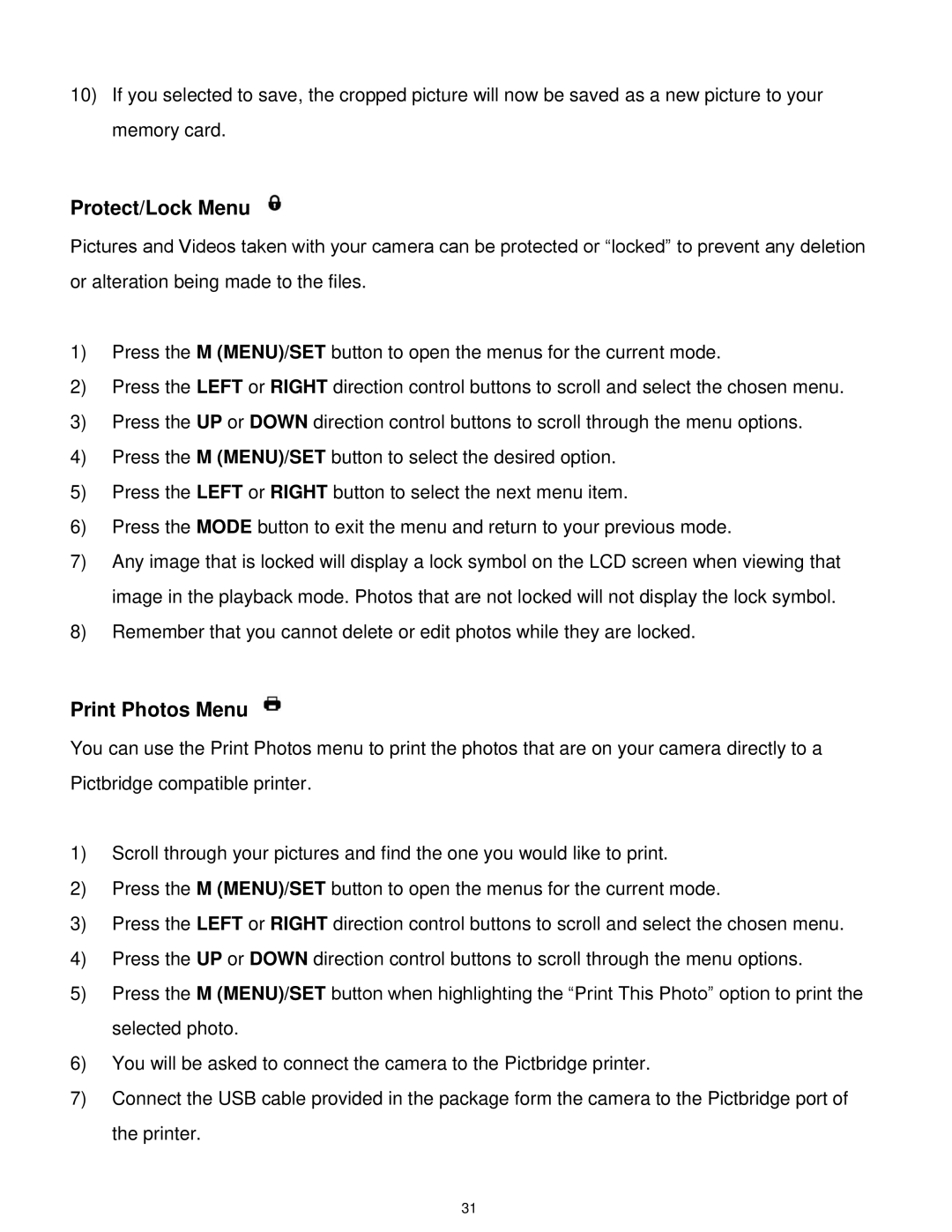 Vivitar S529 user manual Protect/Lock Menu, Print Photos Menu 