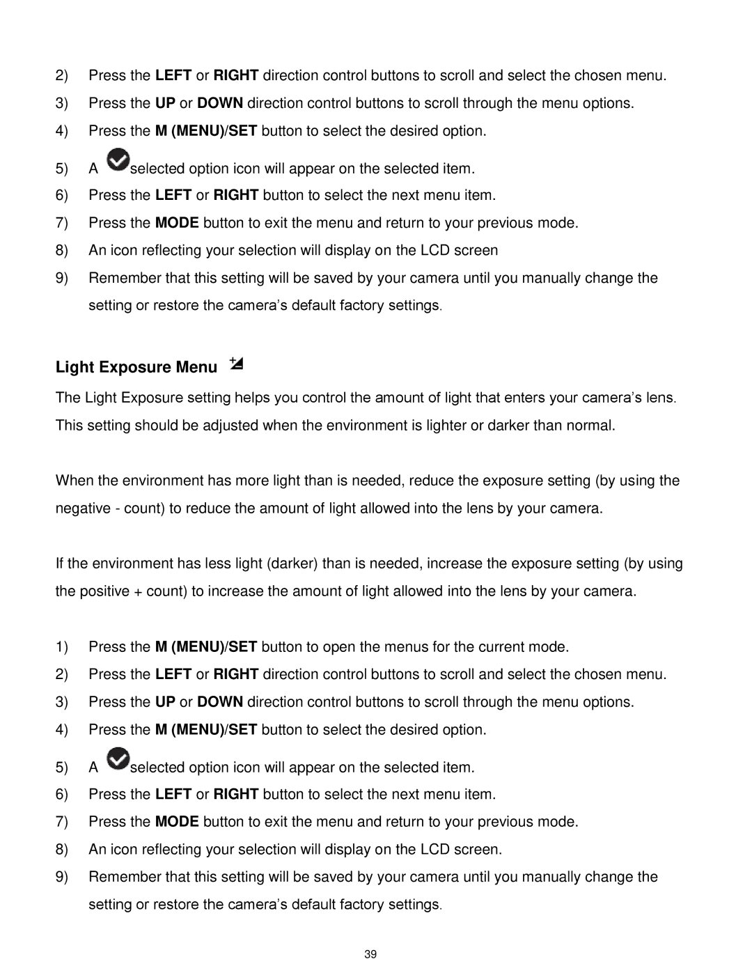 Vivitar S529 user manual Light Exposure Menu 