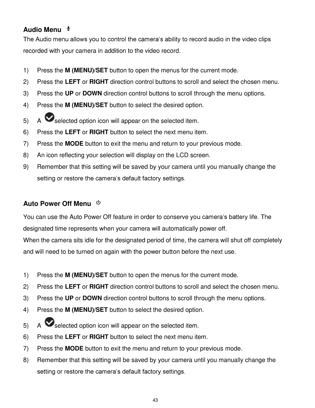 Vivitar S529 user manual Audio Menu, Auto Power Off Menu 