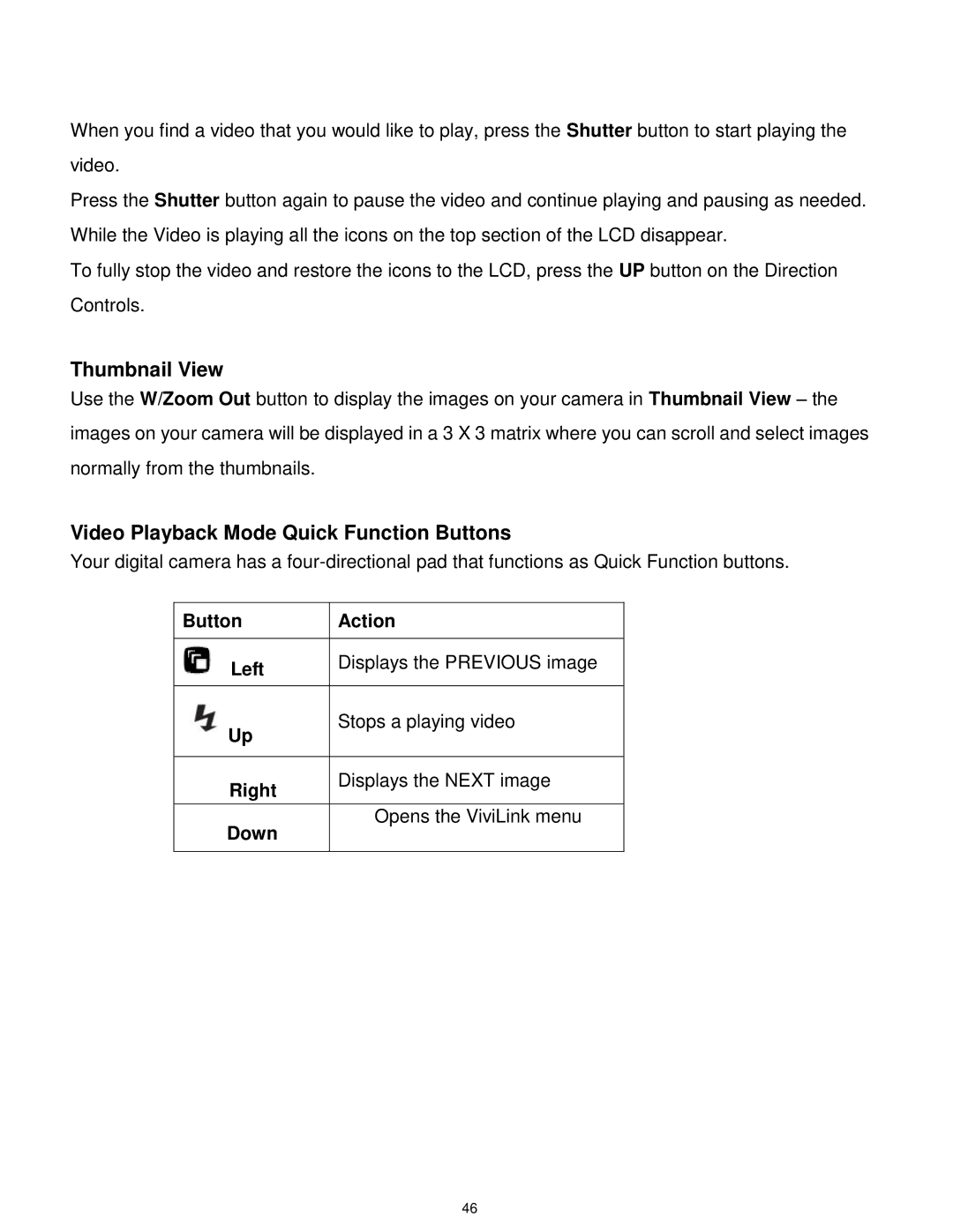 Vivitar S529 user manual Thumbnail View, Video Playback Mode Quick Function Buttons 