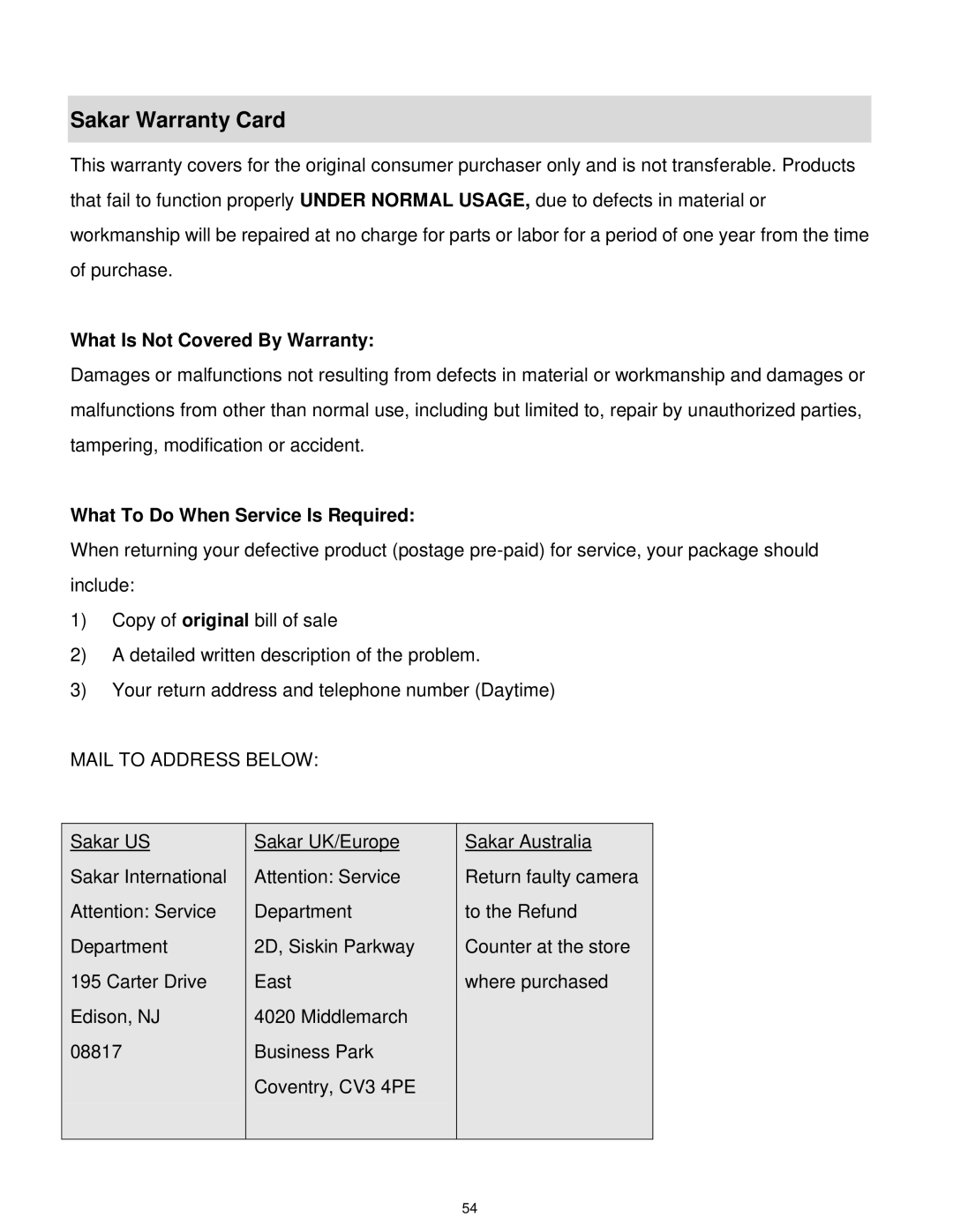 Vivitar S529 user manual Sakar Warranty Card, What Is Not Covered By Warranty 