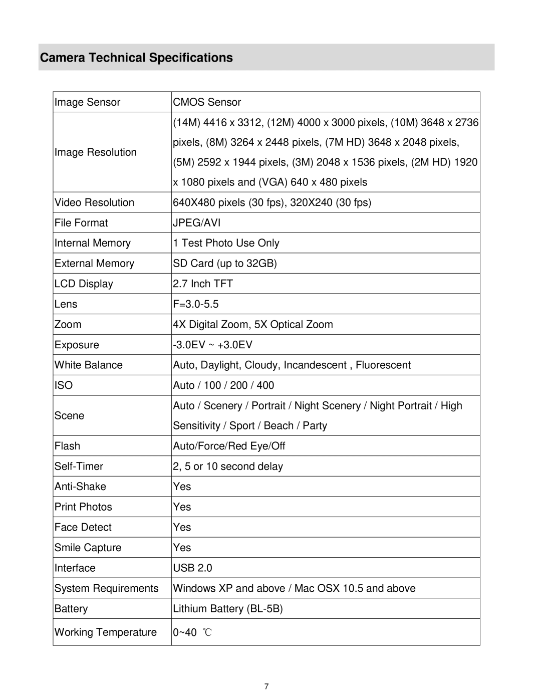 Vivitar S529 user manual Camera Technical Specifications, Jpeg/Avi 