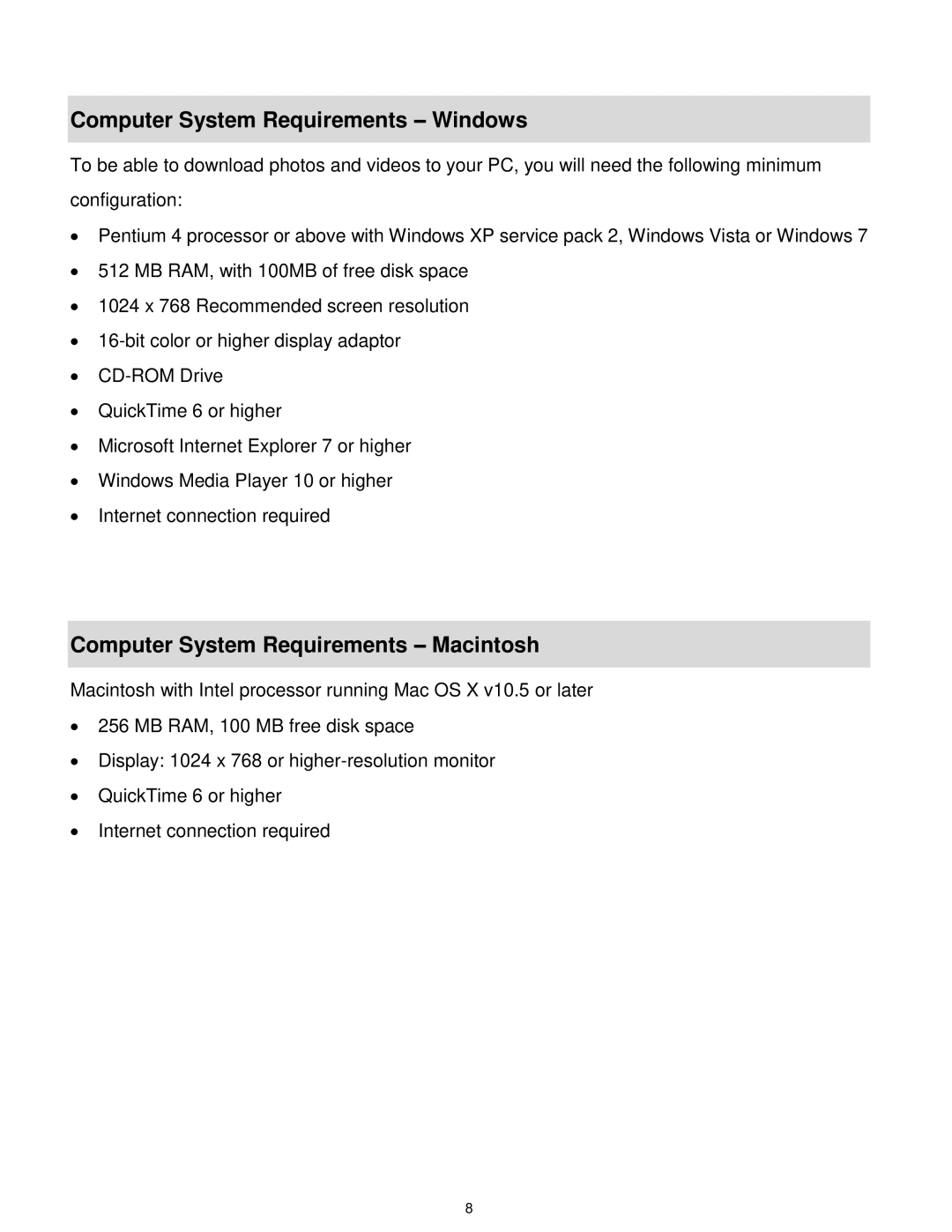 Vivitar S529 user manual Computer System Requirements Windows, Computer System Requirements Macintosh 