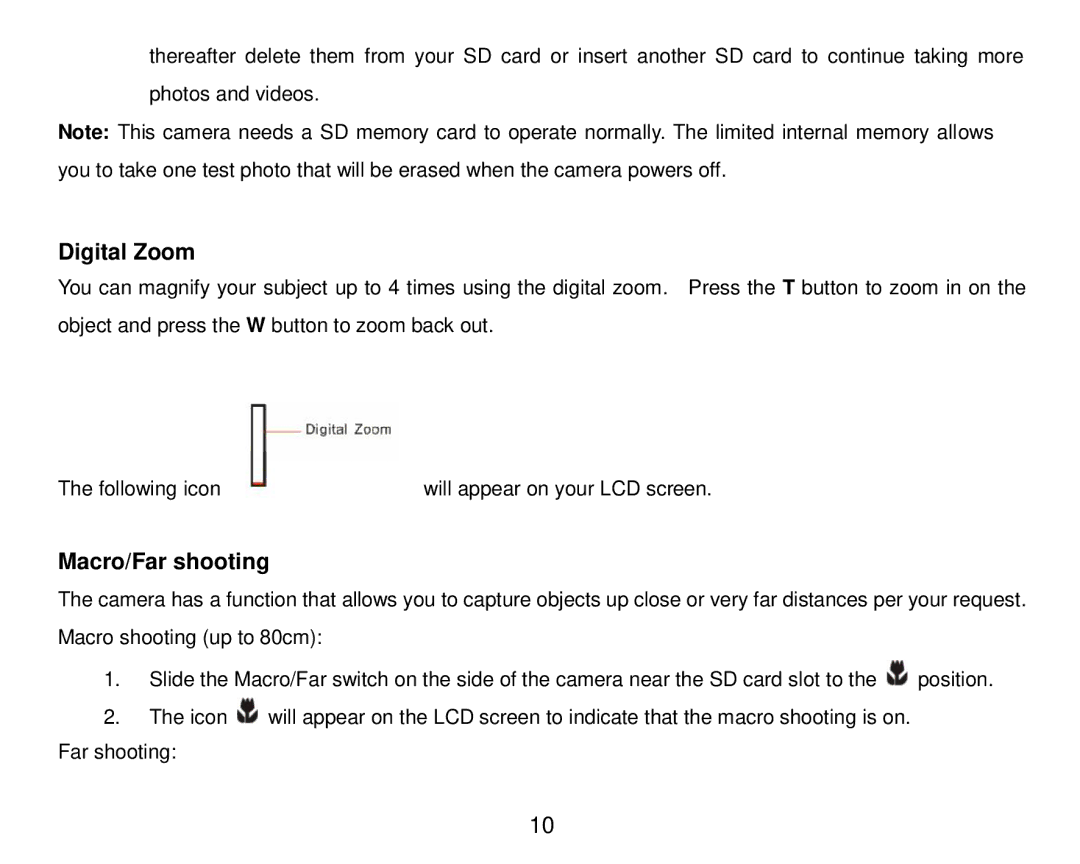 Vivitar T024 user manual Digital Zoom, Macro/Far shooting 