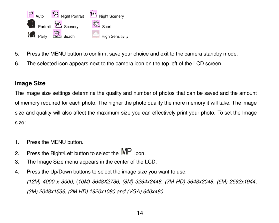 Vivitar T024 user manual Image Size 