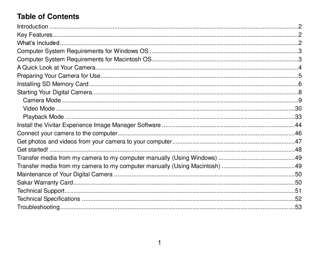 Vivitar T024 user manual Table of Contents 