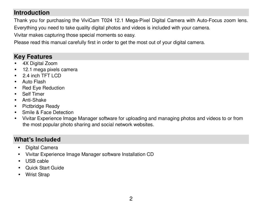 Vivitar T024 user manual Introduction, Key Features, What’s Included 