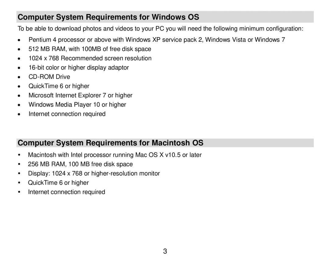 Vivitar T024 user manual Computer System Requirements for Windows OS, Computer System Requirements for Macintosh OS 