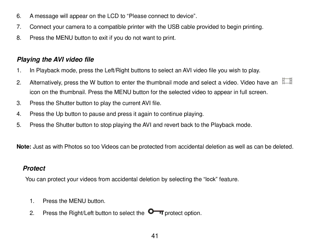 Vivitar T024 user manual Playing the AVI video file, Protect 