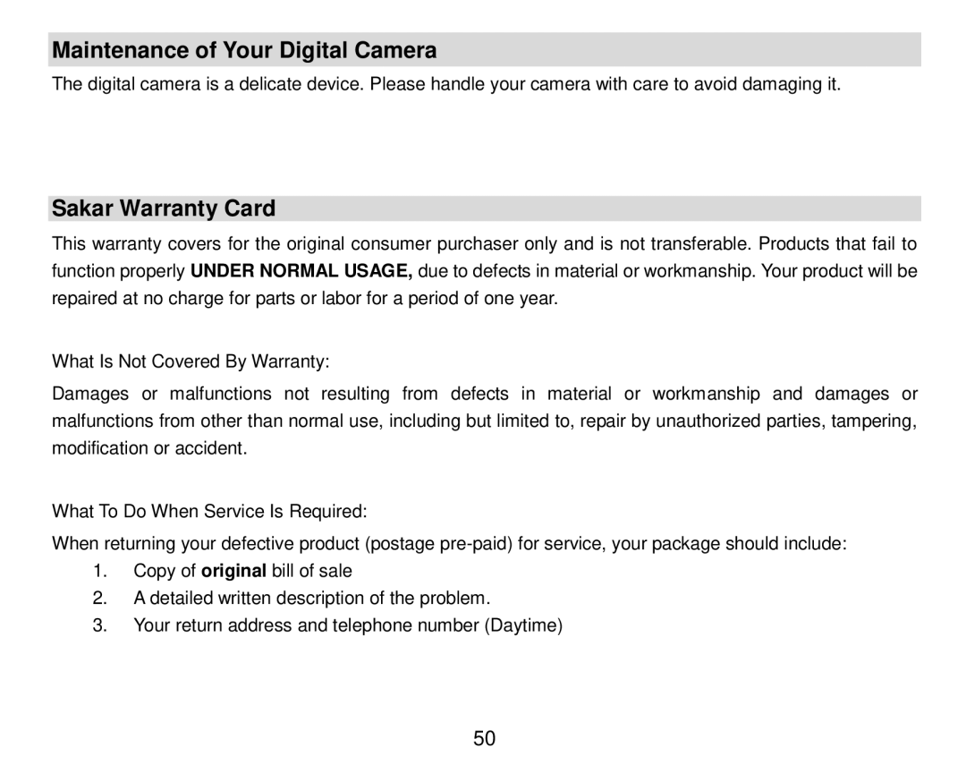 Vivitar T024 user manual Maintenance of Your Digital Camera, Sakar Warranty Card 