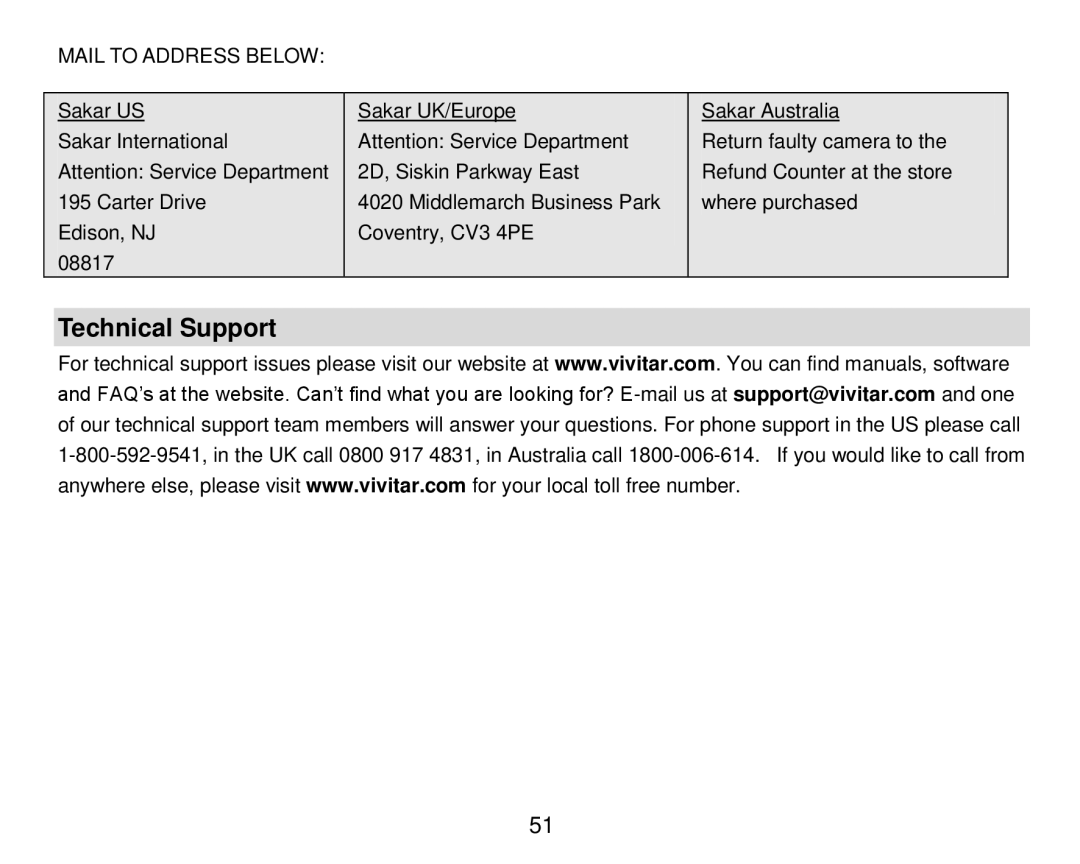 Vivitar T024 user manual Technical Support, Mail to Address below 