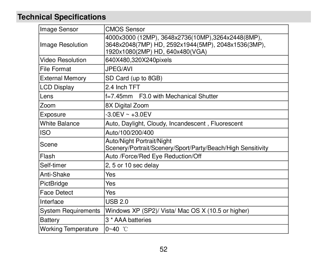 Vivitar T024 user manual Technical Specifications, Jpeg/Avi 