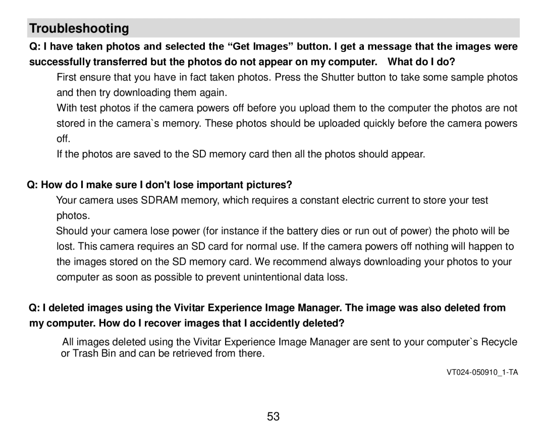 Vivitar T024 user manual Troubleshooting, How do I make sure I dont lose important pictures? 