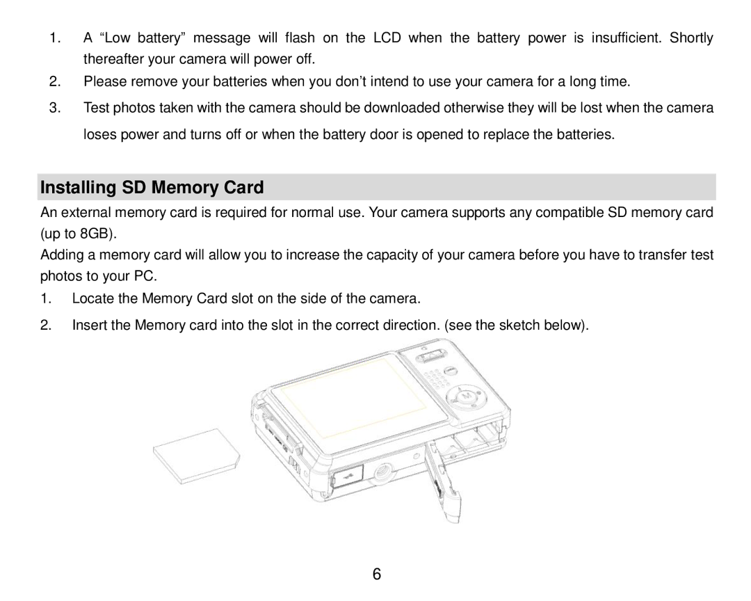 Vivitar T024 user manual Installing SD Memory Card 