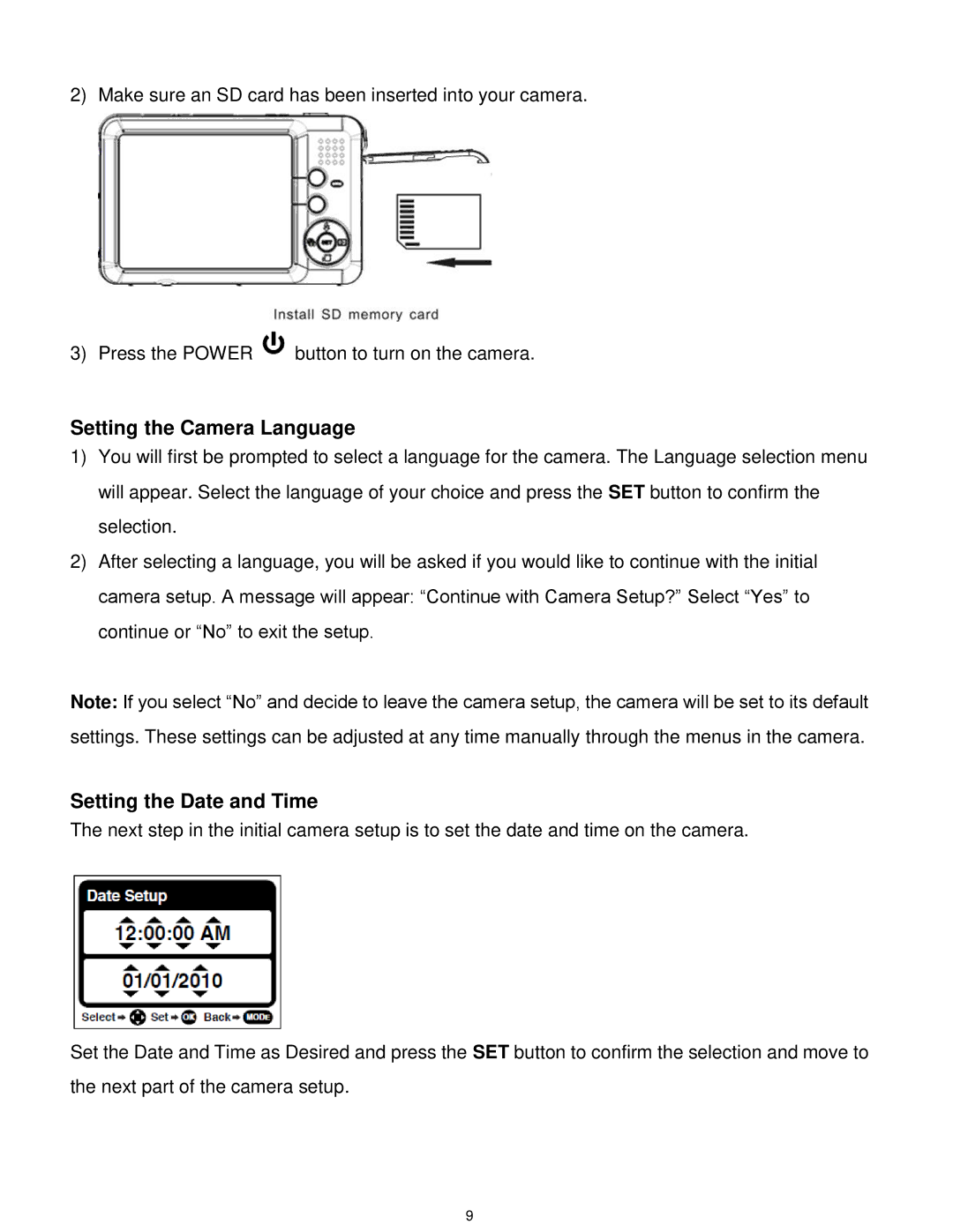 Vivitar T030 user manual Setting the Camera Language, Setting the Date and Time 