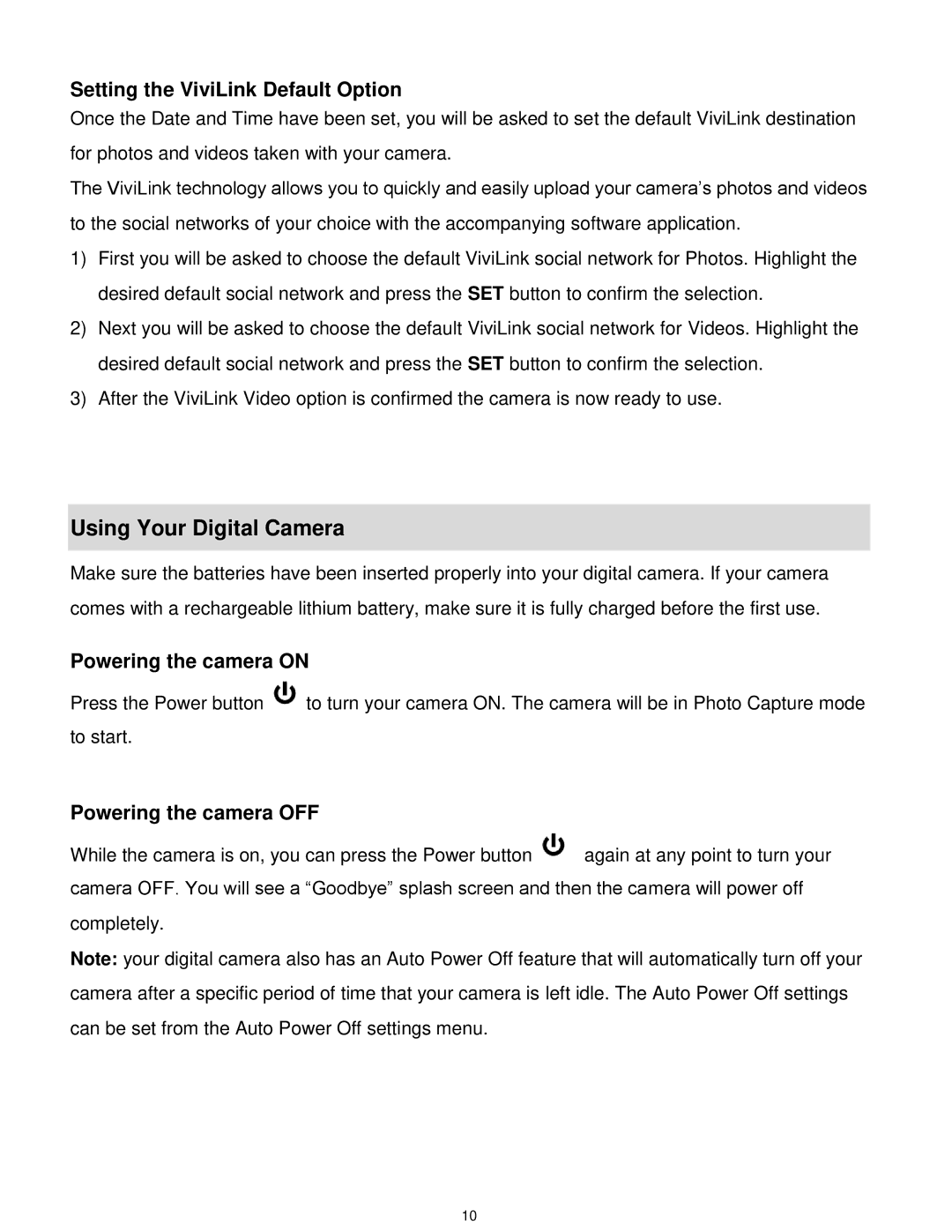 Vivitar T030 user manual Using Your Digital Camera, Setting the ViviLink Default Option, Powering the camera OFF 