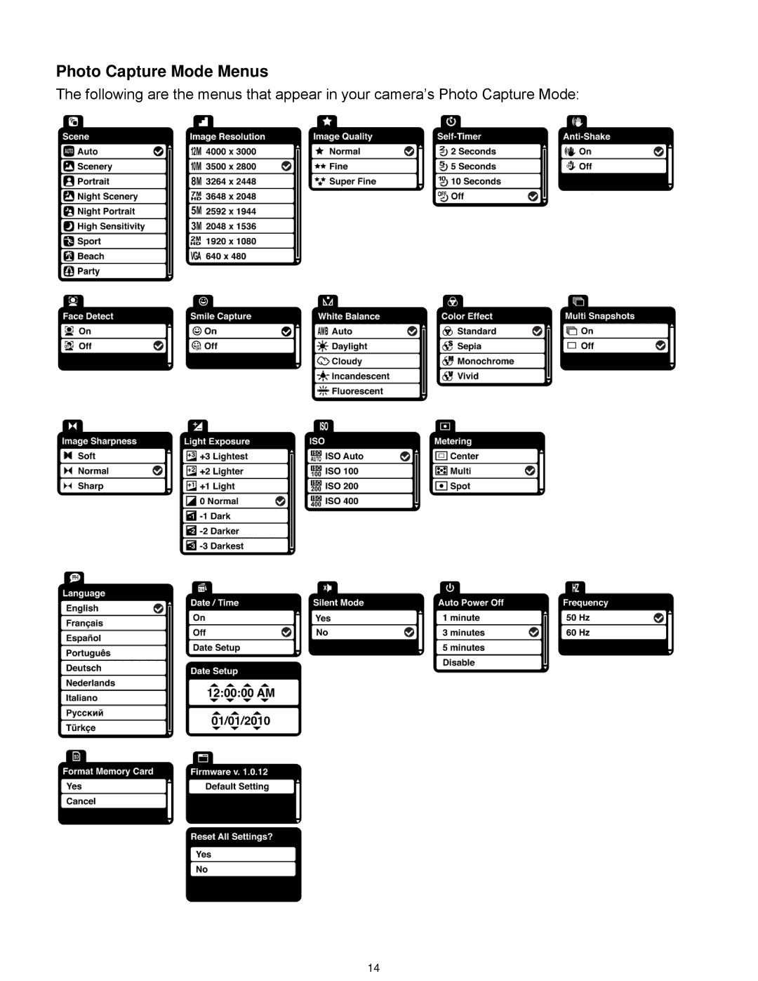 Vivitar T030 user manual Photo Capture Mode Menus 