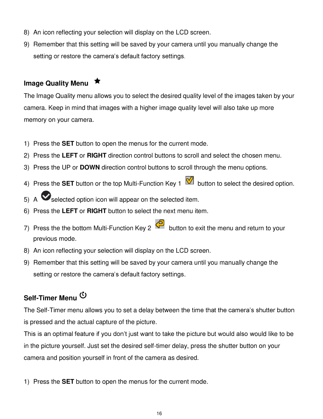 Vivitar T030 user manual Image Quality Menu, Self-Timer Menu 