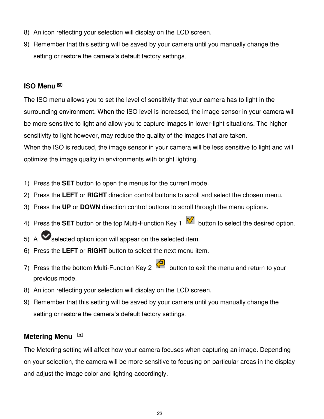 Vivitar T030 user manual ISO Menu, Metering Menu 