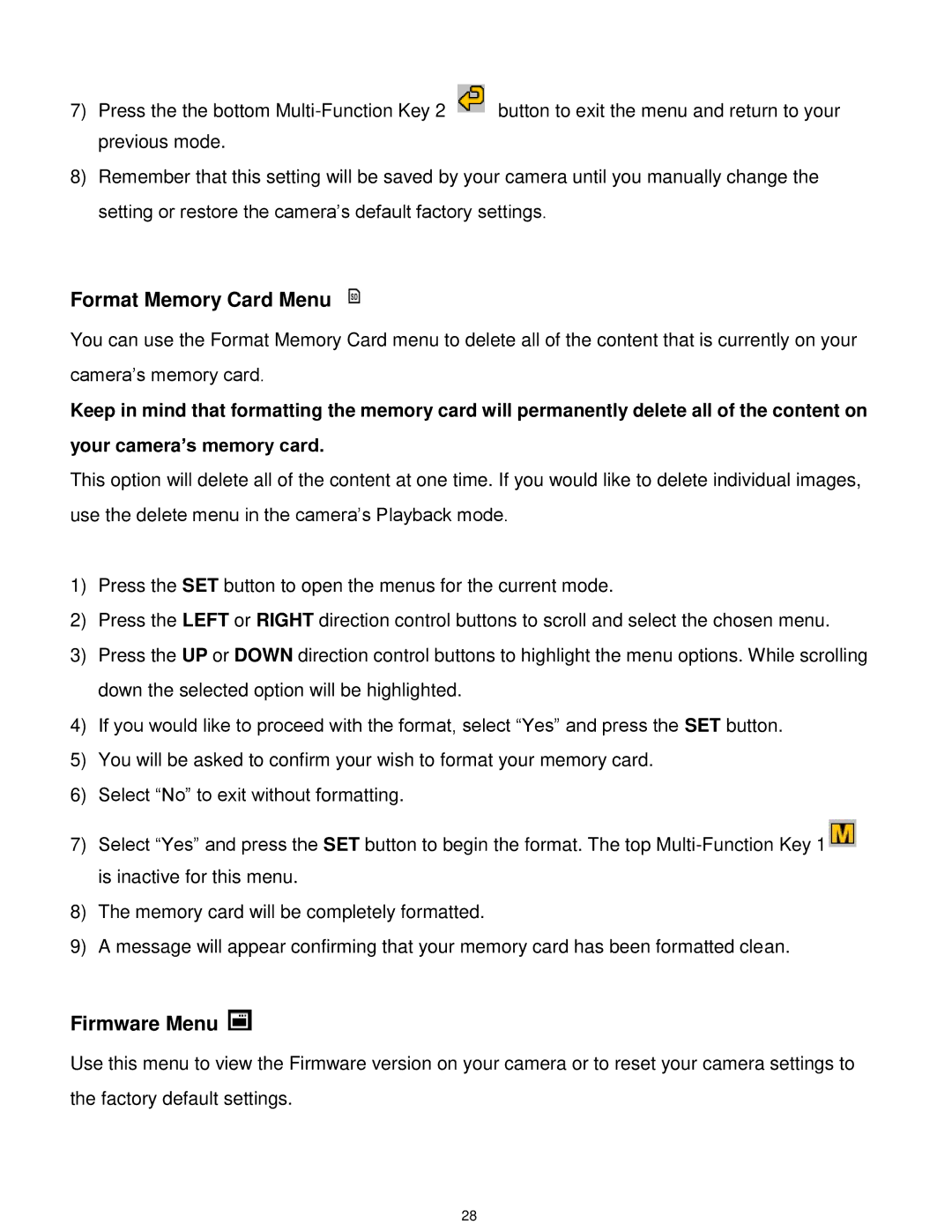 Vivitar T030 user manual Format Memory Card Menu, Firmware Menu 