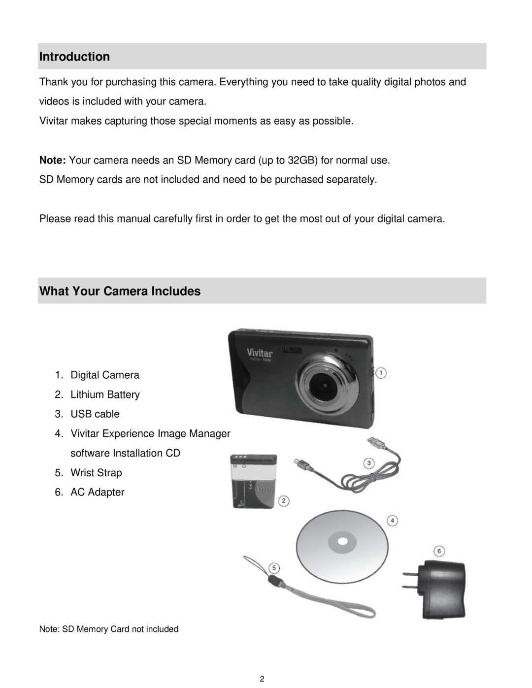 Vivitar T030 user manual Introduction, What Your Camera Includes 