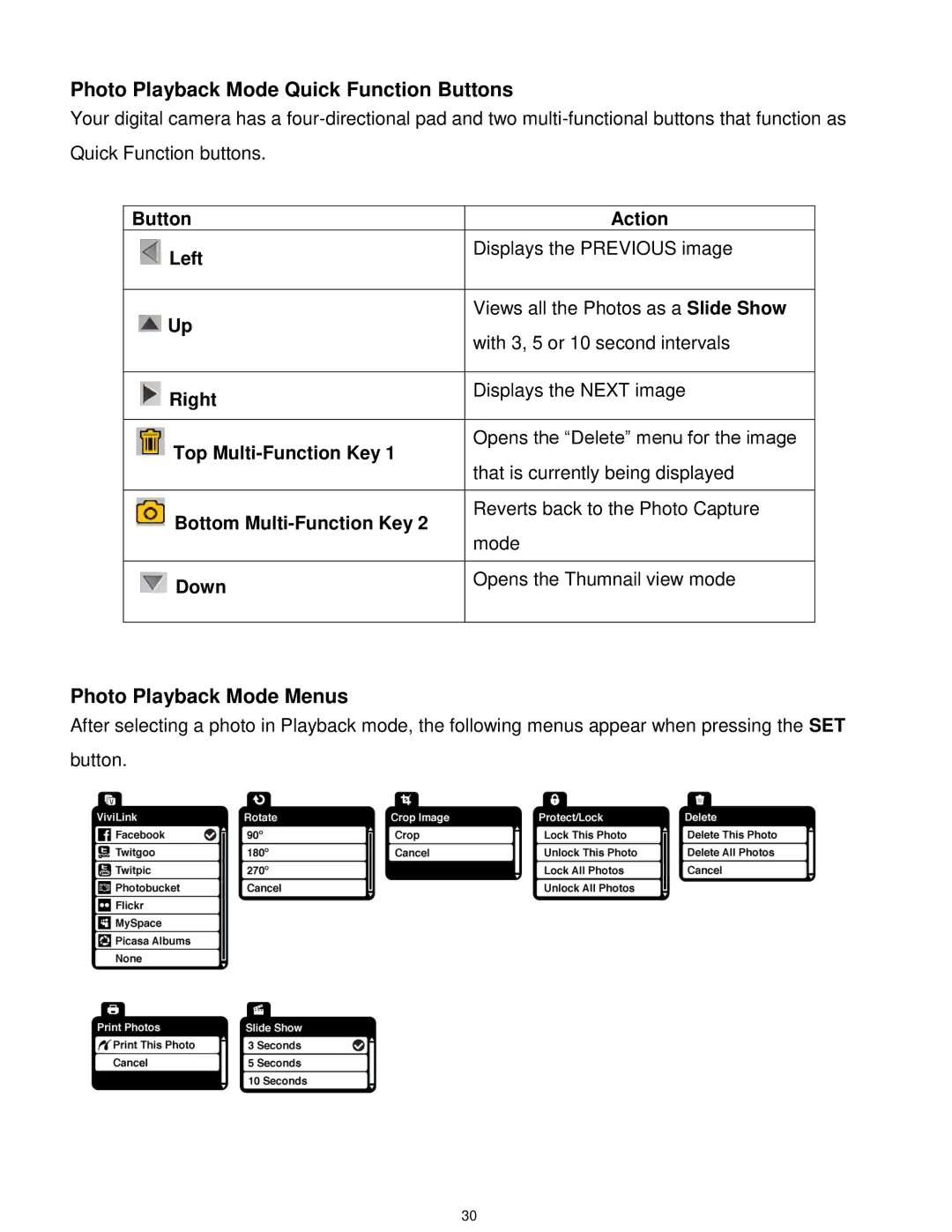 Vivitar T030 user manual Photo Playback Mode Quick Function Buttons, Photo Playback Mode Menus 