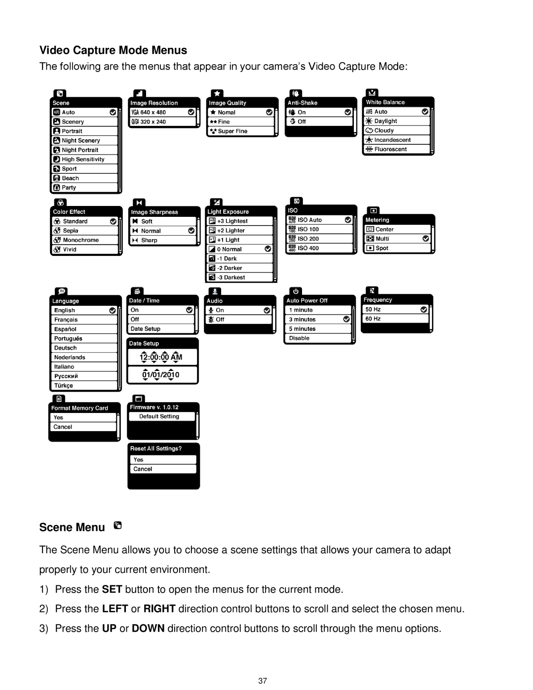 Vivitar T030 user manual Video Capture Mode Menus, Scene Menu 