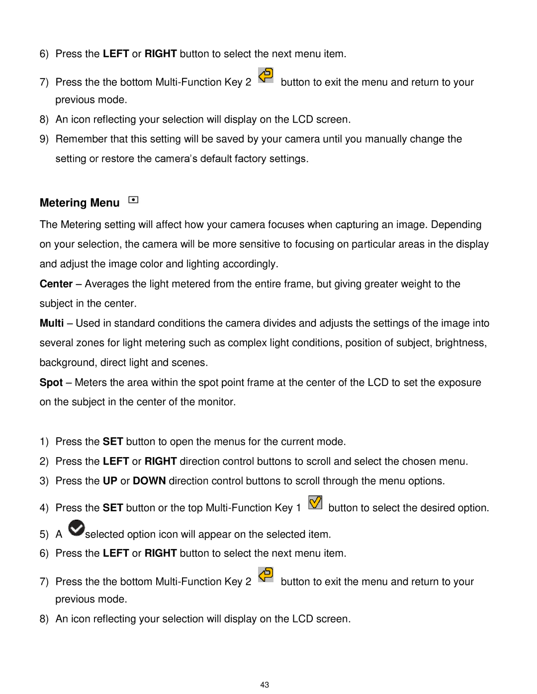 Vivitar T030 user manual Metering Menu 