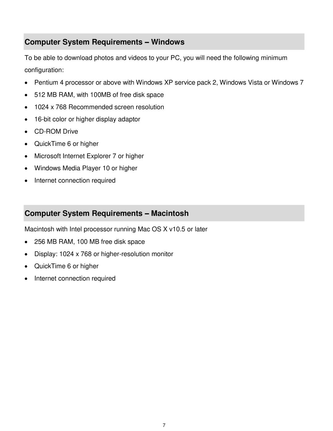 Vivitar T030 user manual Computer System Requirements Windows, Computer System Requirements Macintosh 