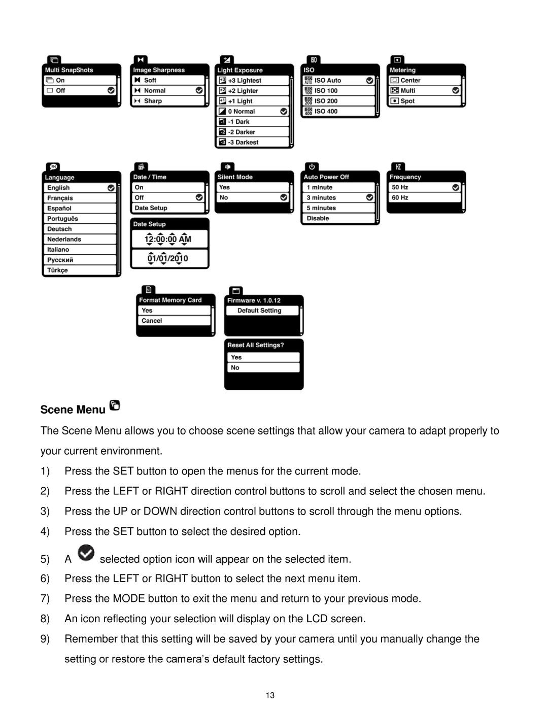 Vivitar T327 user manual Scene Menu 