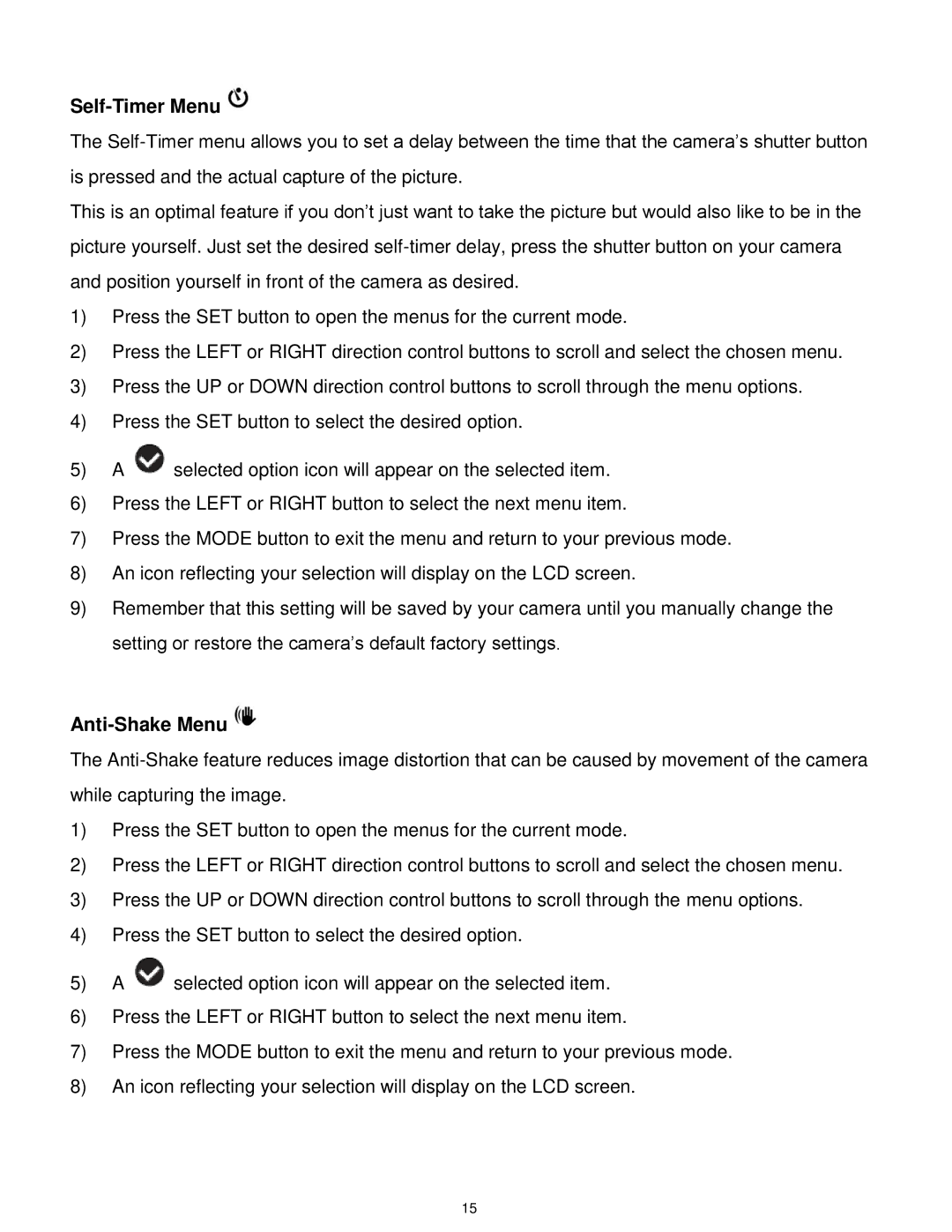 Vivitar T327 user manual Self-Timer Menu, Anti-Shake Menu 