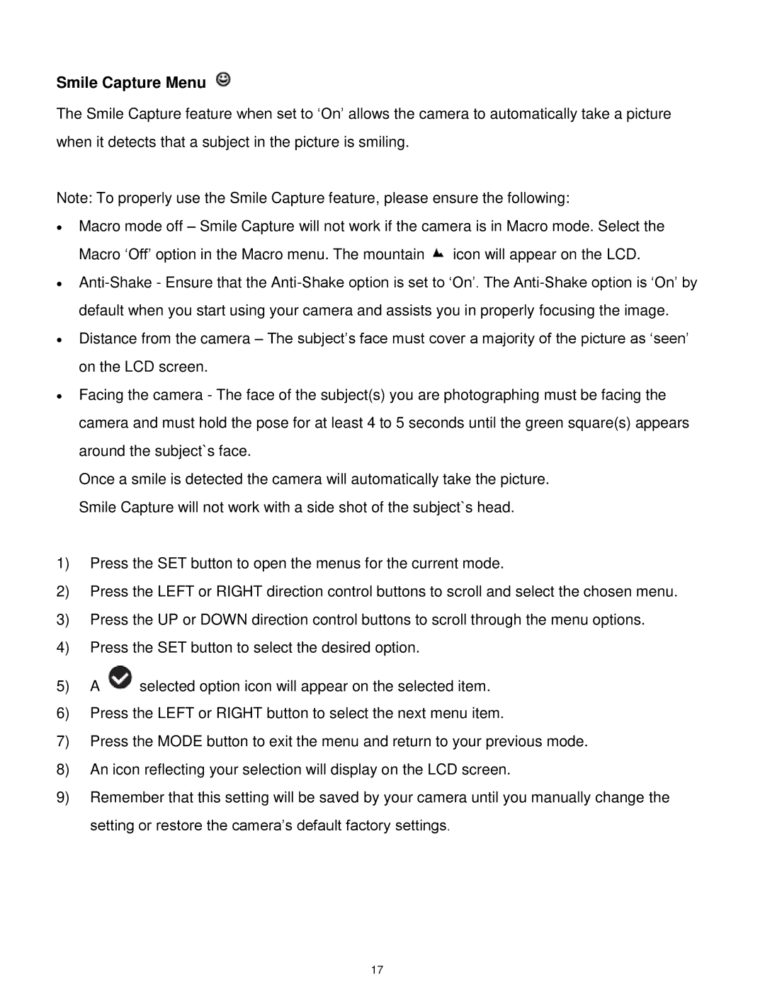 Vivitar T327 user manual Smile Capture Menu 