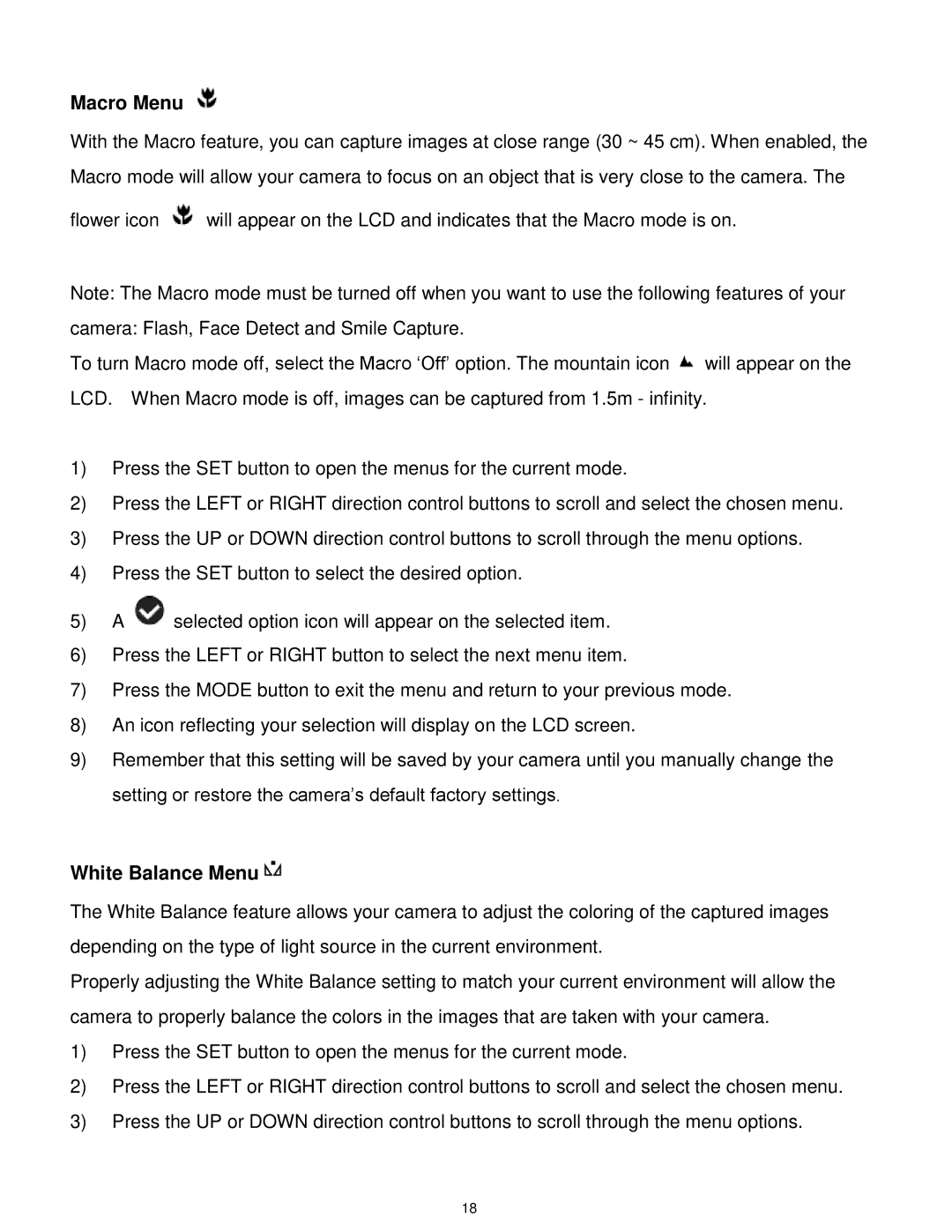 Vivitar T327 user manual Macro Menu, White Balance Menu 