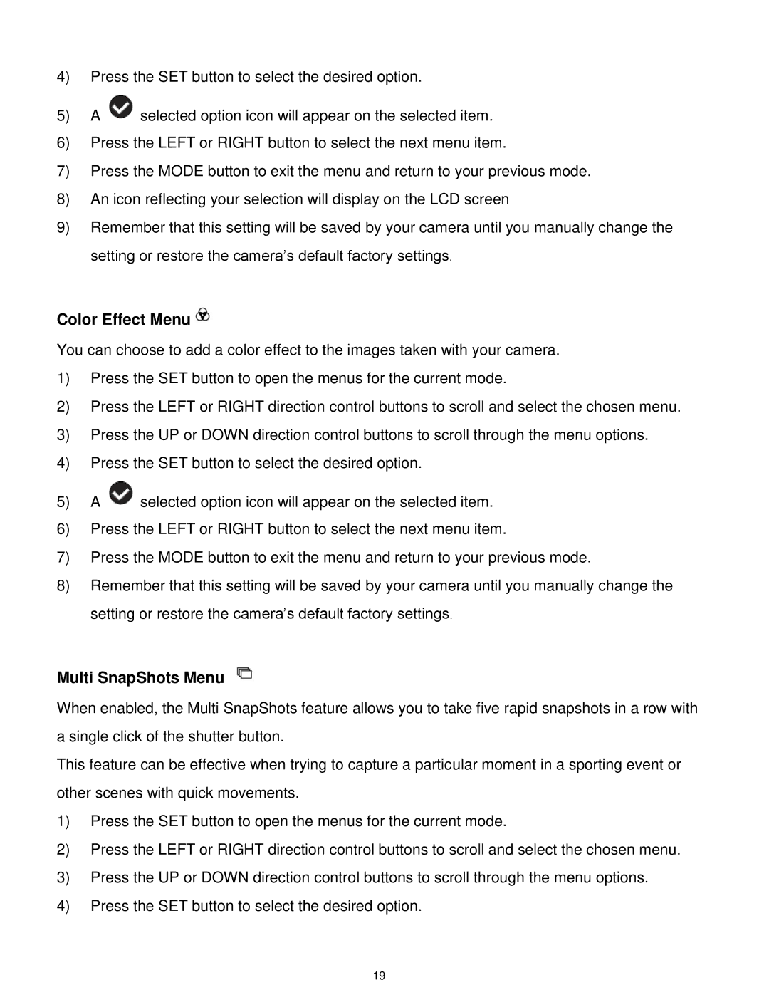 Vivitar T327 user manual Color Effect Menu, Multi SnapShots Menu 