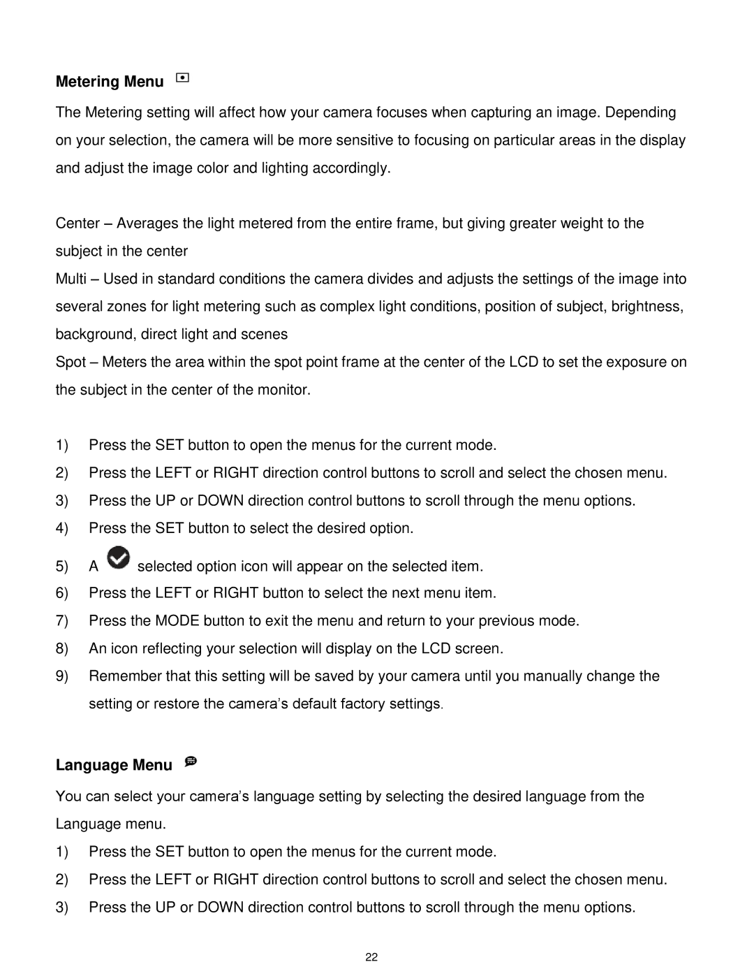 Vivitar T327 user manual Metering Menu, Language Menu 