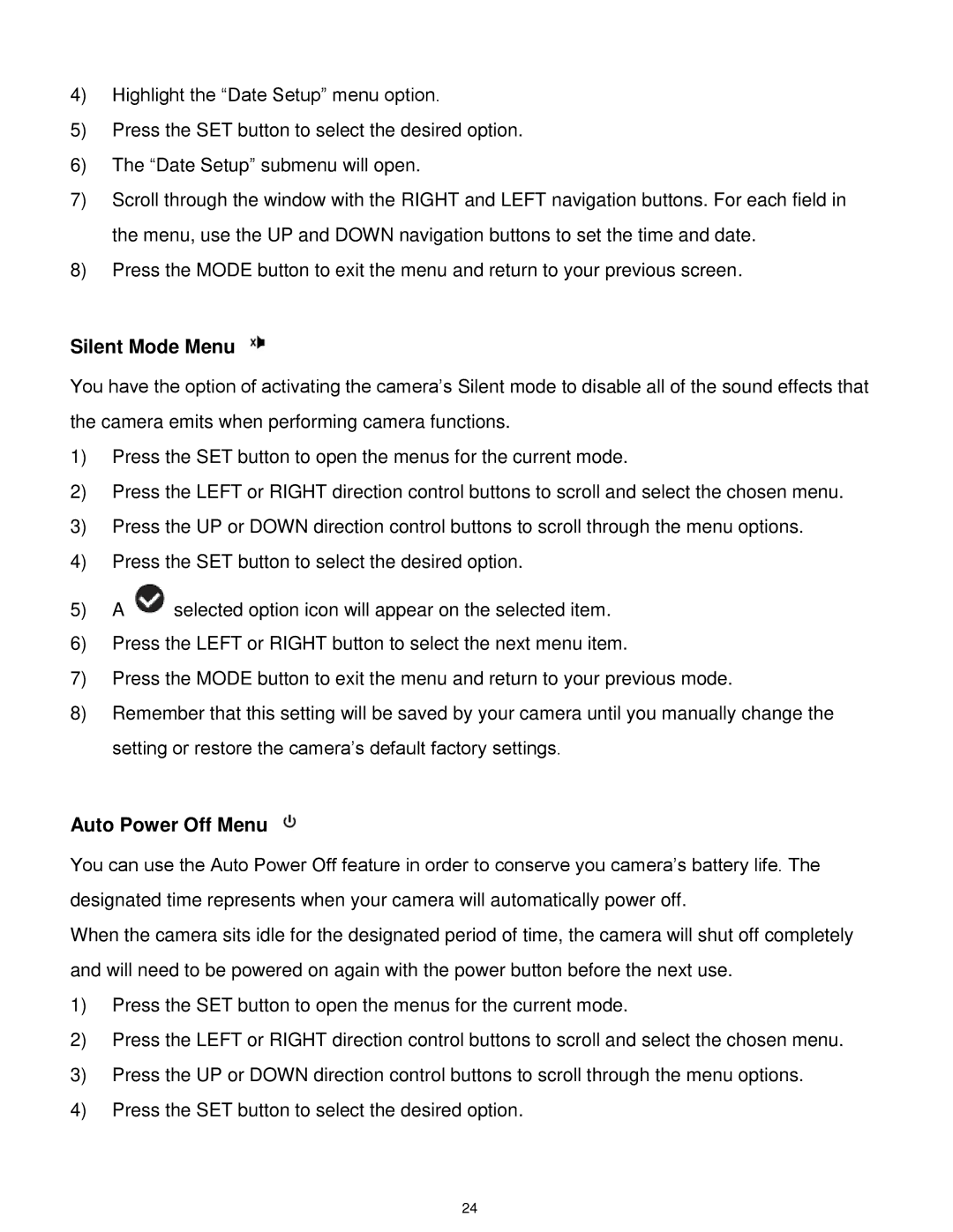 Vivitar T327 user manual Silent Mode Menu, Auto Power Off Menu 